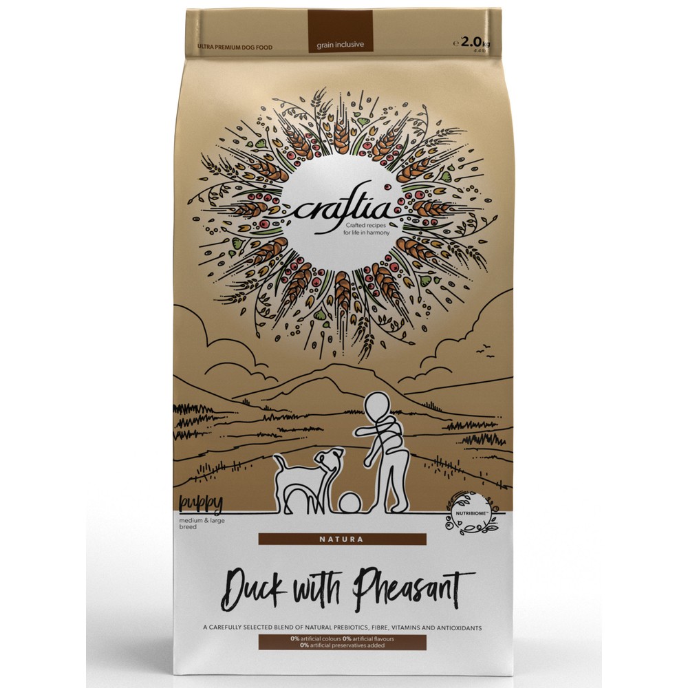 Корм для щенков CRAFTIA Natura для средних и крупных пород, утка с фазаном сух.