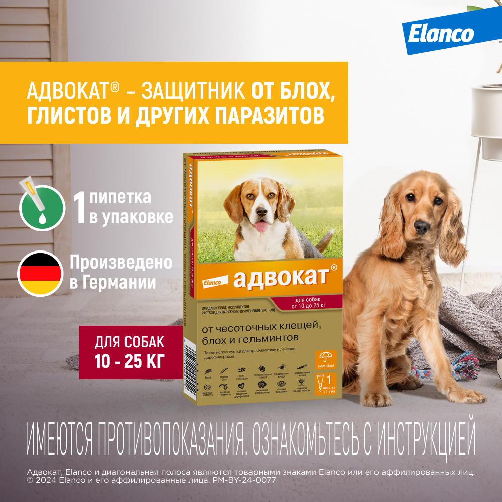 Капли для собак ELANCO Адвокат 250 от чесоточных клещей, блох и гельм. 10-25кг 2,5мл 1 пип.в упак.