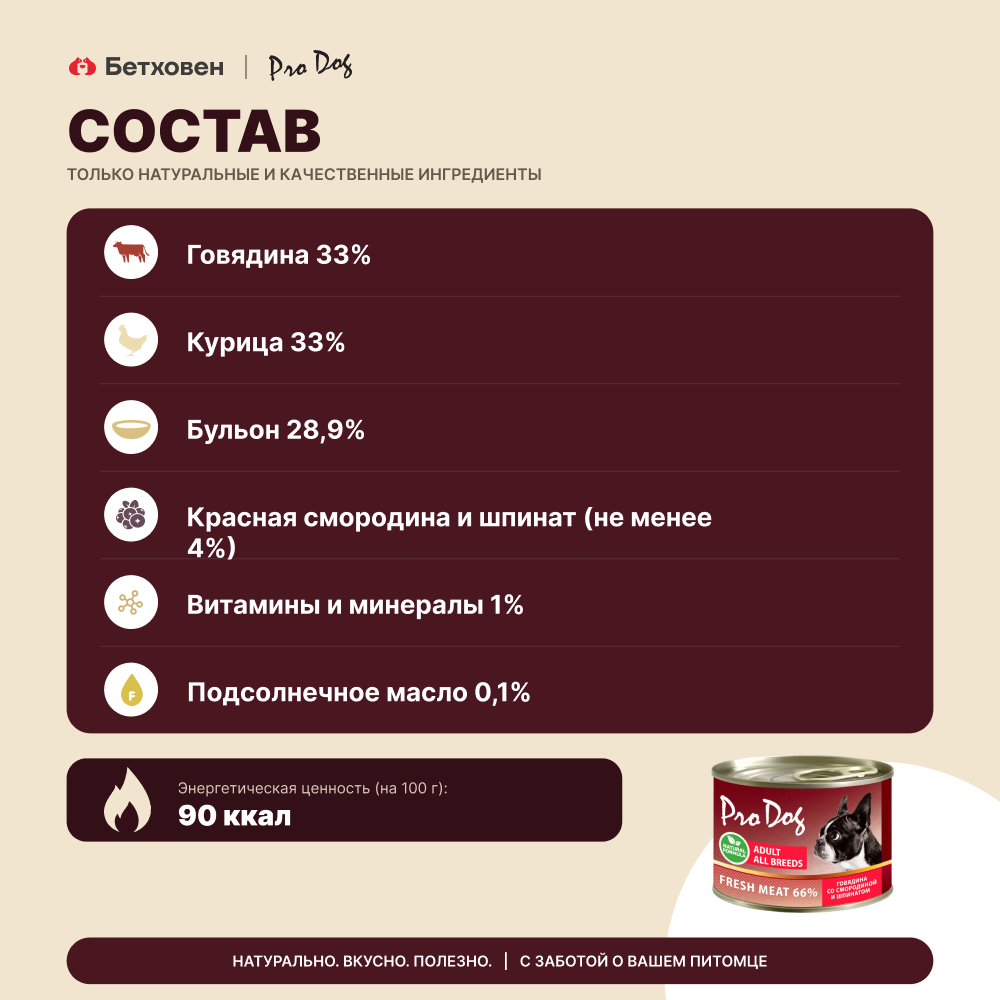Корм для собак PRO DOG говядина, красная смородина, шпинат банка