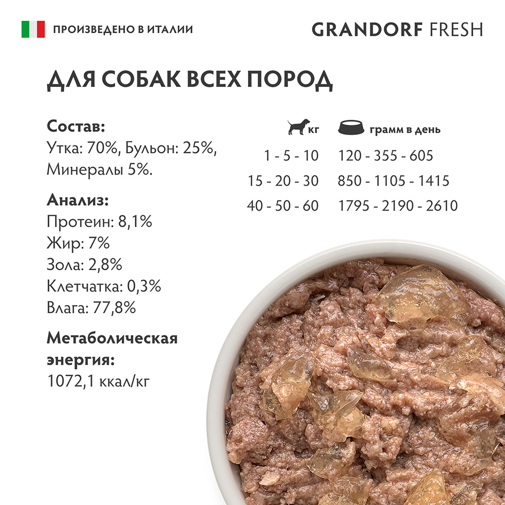 Корм для собак GRANDORF FRESH Паштет из утки банка
