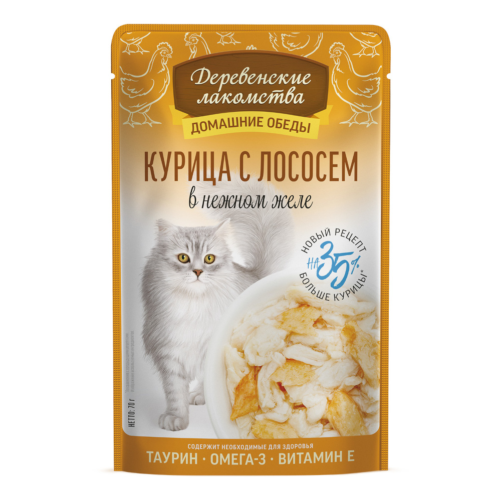 Корм для кошек ДЕРЕВЕНСКИЕ ЛАКОМСТВА Курица с лососем в нежном желе пауч