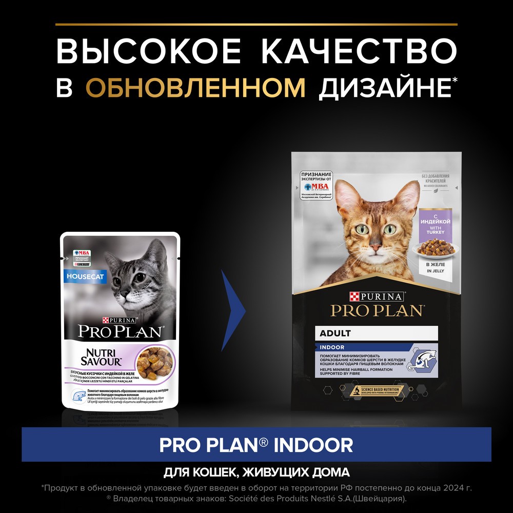 Корм для кошек PRO PLAN Indoor для домашних, с индейкой в желе пауч