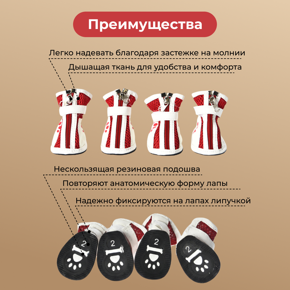 Ботинки для собак FOXIE Paws S 5,2х3,5см красные