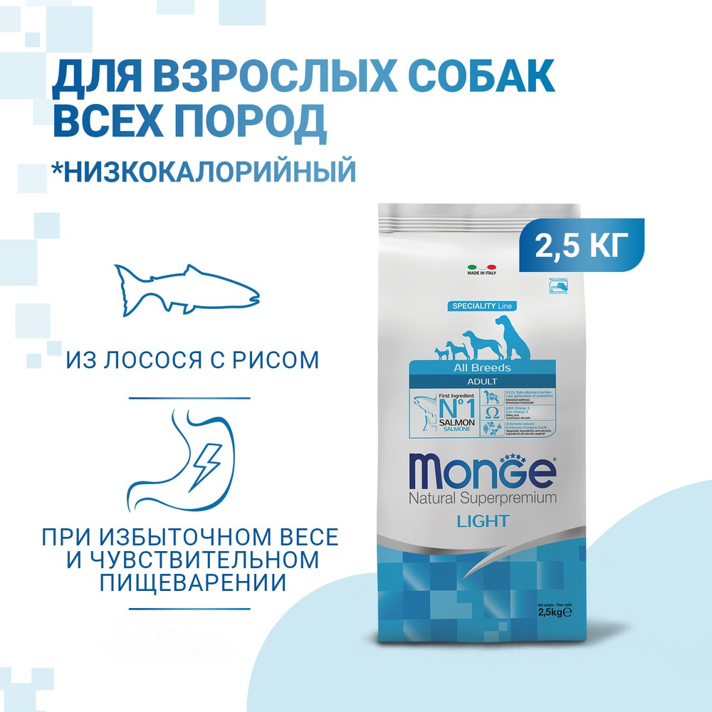 Корм для собак MONGE Dog Speciality Light низкоколорийный, лосось с рисом сух.