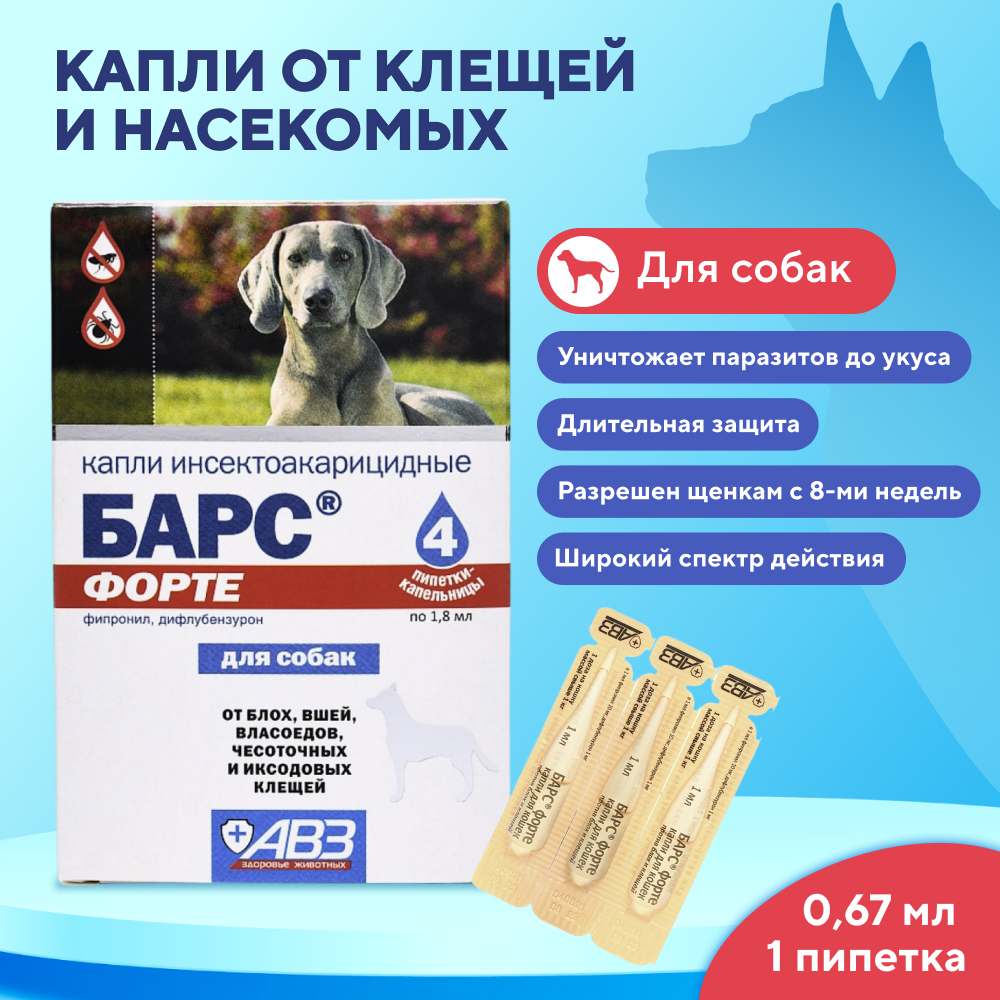 Капли для собак АВЗ БАРС Форте инсектоакарицидные от внеш. паразитов 4 пипетки