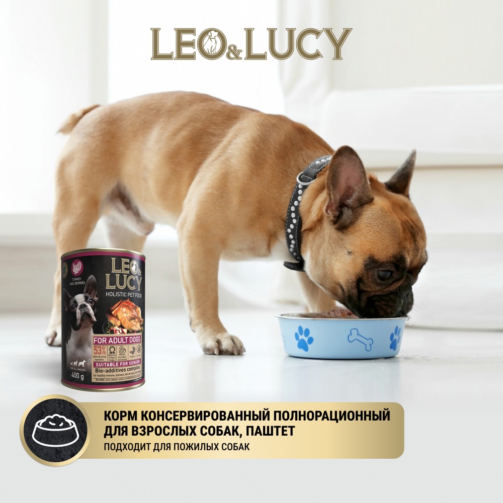 Корм для собак LEO&LUCY паштет с индейкой, ягодами и биодобавками, подходит пожилым банка