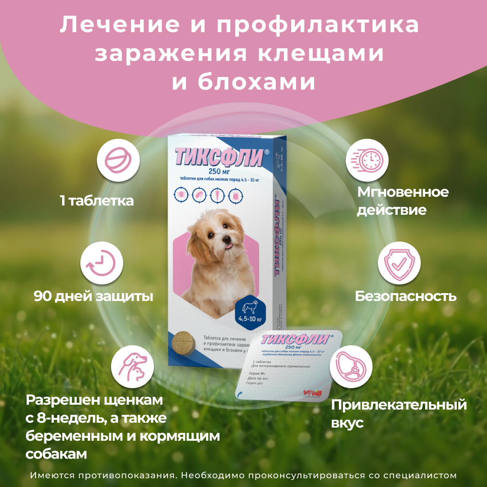 Таблетки для собак ТИКСФЛИ от блох и клещей (4,5-10кг) 250мг, 1таб на 90дн.