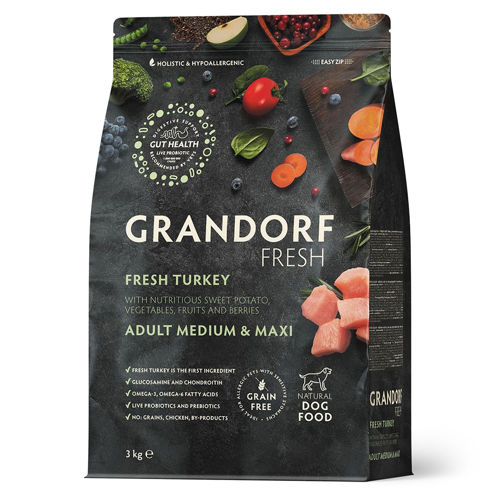 Беззерновой корм с живыми пробиотиками для собак GRANDORF Fresh Dog Med&Maxi для ср.и кр.пород, свежее мясо индейки с бататом сух.