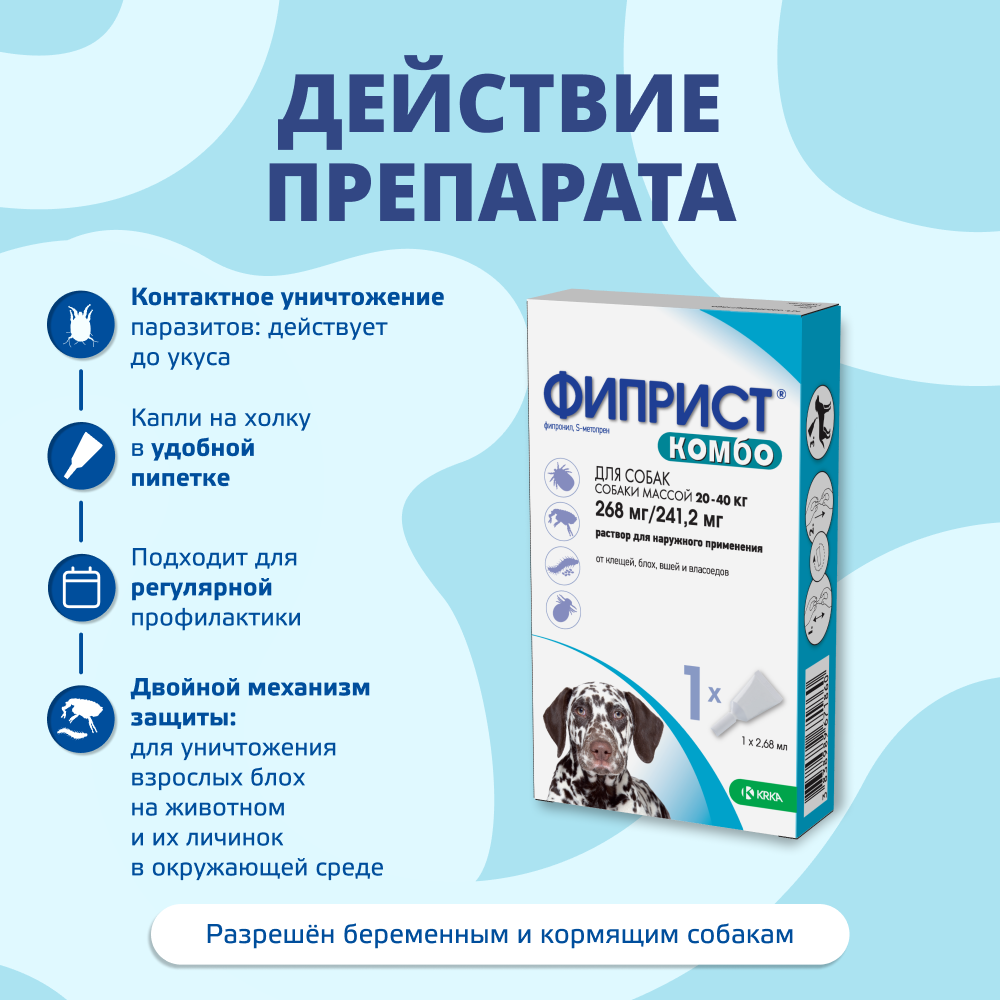 Капли для собак KRKA Фиприст Комбо от клещей и усиленным действием против блох (20-40кг) 2,68мл, 1 пипетка