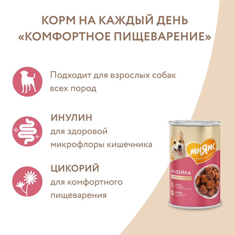 Корм для собак МНЯМС Комфортное пищеварение кусочки в соусе с индейкой банка