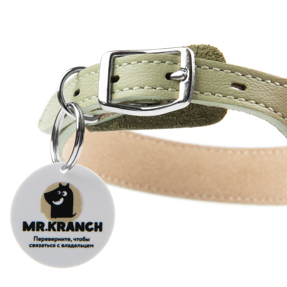 Ошейник для собак MR.KRANCH из натуральной кожи с QR-адресником, нежно-зеленый 30-35см