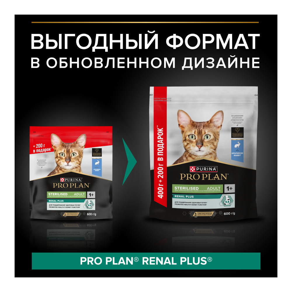 Корм для кошек PRO PLAN Sterilised Renal Plus для стерилизованных, кролик сух. 400г+200г ПРОМО