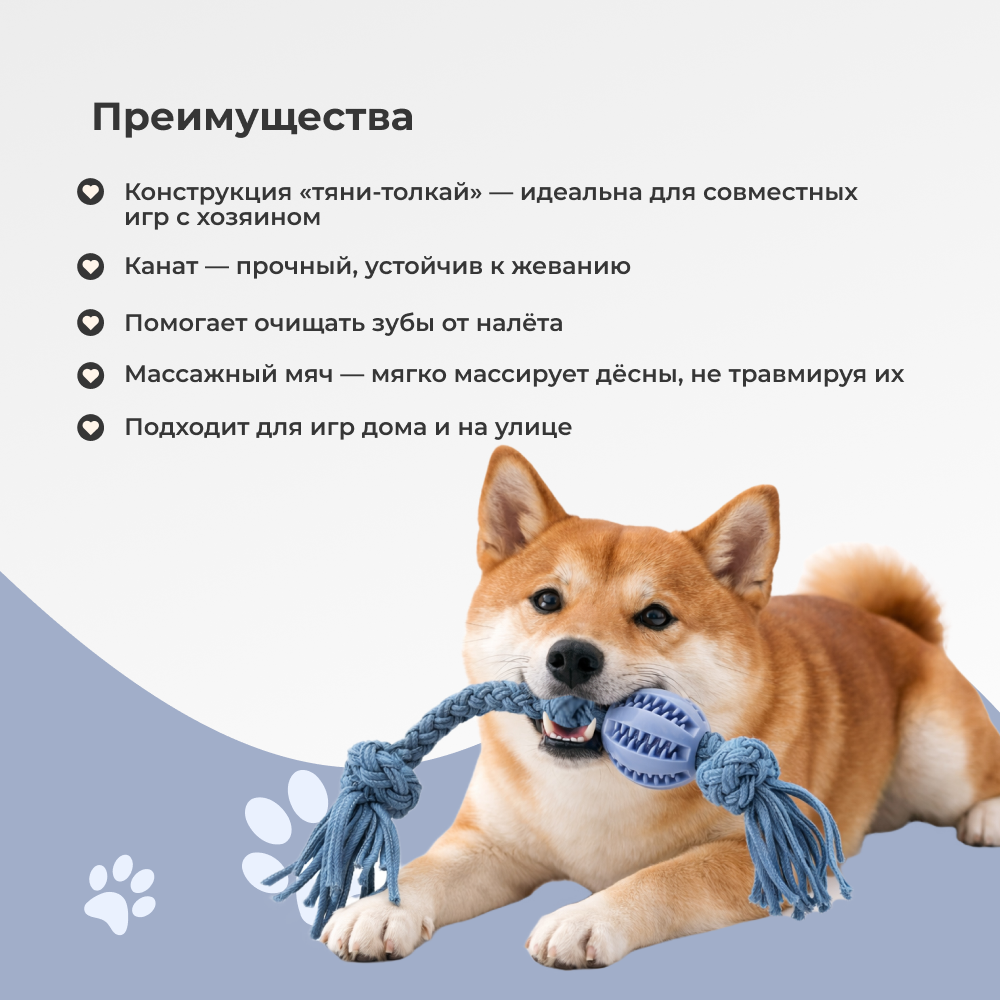 Игрушка для собак FOXIE Тяни-толкай Канат с массажным мячом 6,5х43см синий