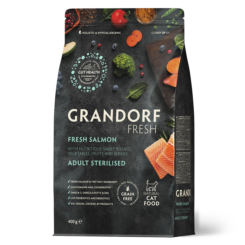 Беззерновой корм с живыми пробиотиками для кошек GRANDORF Fresh Cat Sterilised для стерилиз., свежее филе лосося с бататом сух.