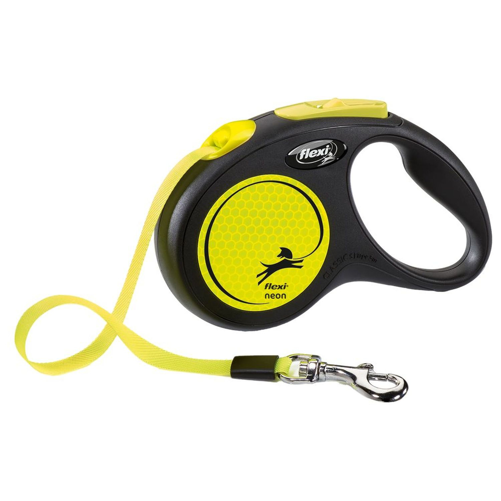 Рулетка для собак FLEXI Neon New S (до 15кг) лента 5м, светоотражающая, желтый неон