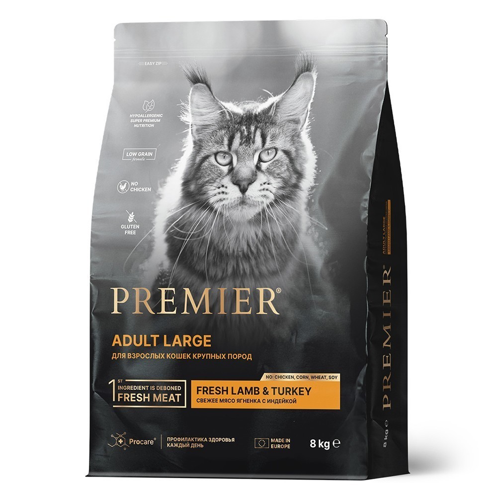 Корм для кошек PREMIER Cat для крупных пород, свежее мясо ягненка с индейкой сух.
