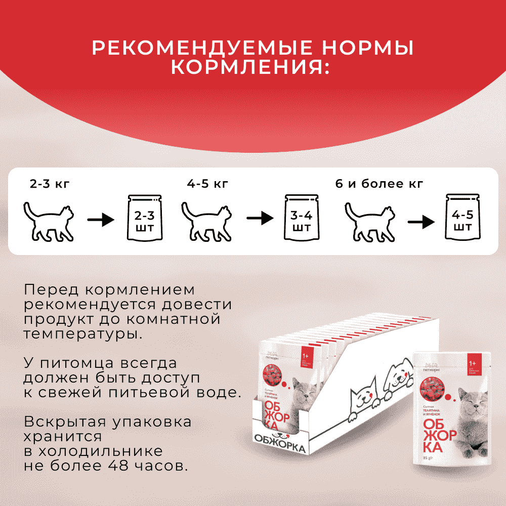 Корм для кошек ОБЖОРКА кусочки в желе с телятиной и ягнёнком пауч