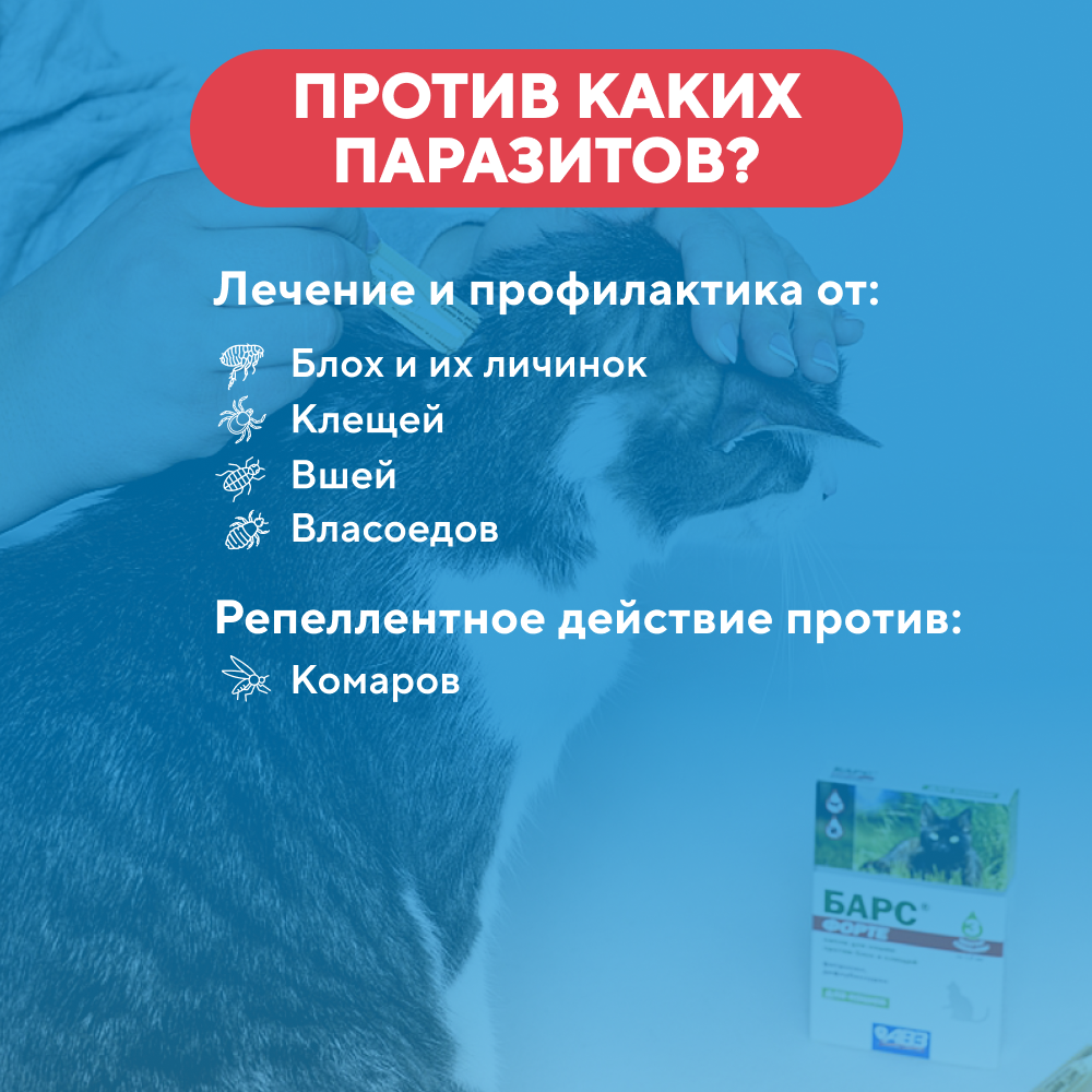 Капли для кошек АВЗ БАРС Форте инсектоакарицидные от внеш. паразитов 3 пипетки