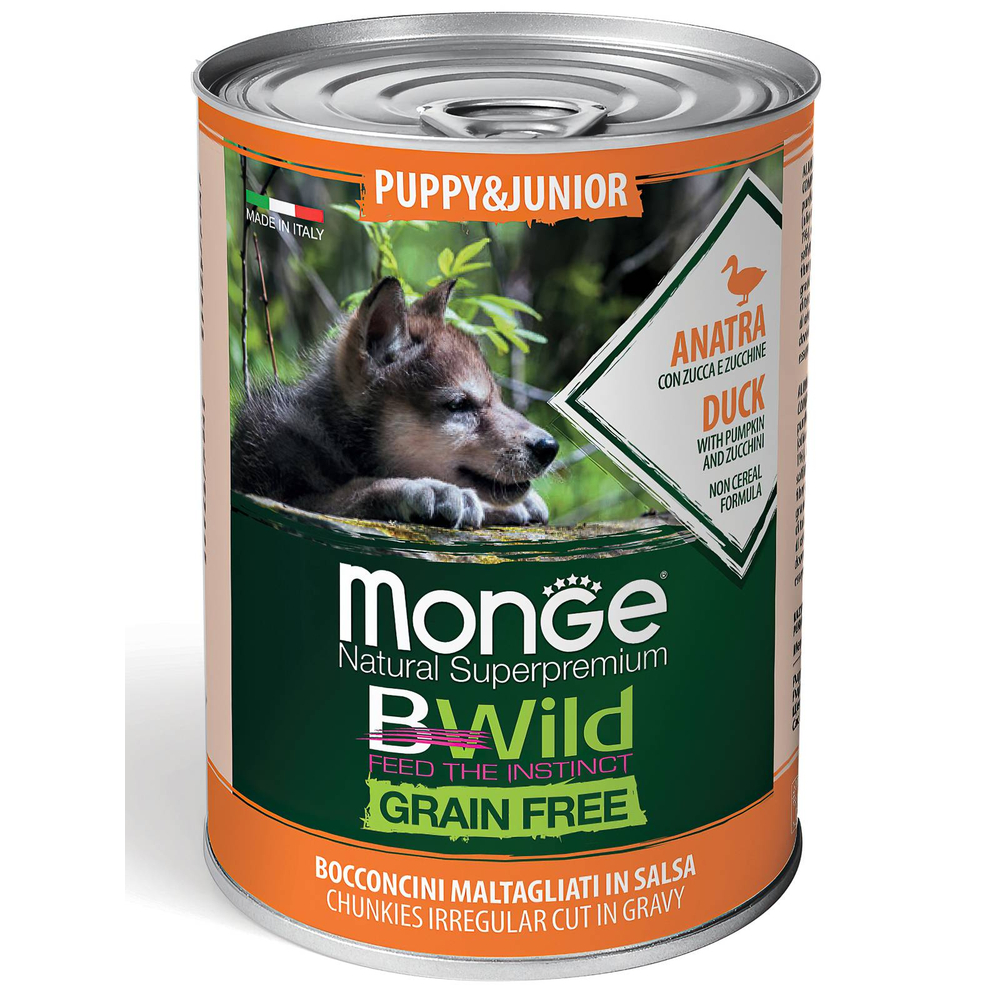 Корм для для щенков и беременных собак MONGE BWild Grain Free утка с тыквой и кабачками банка