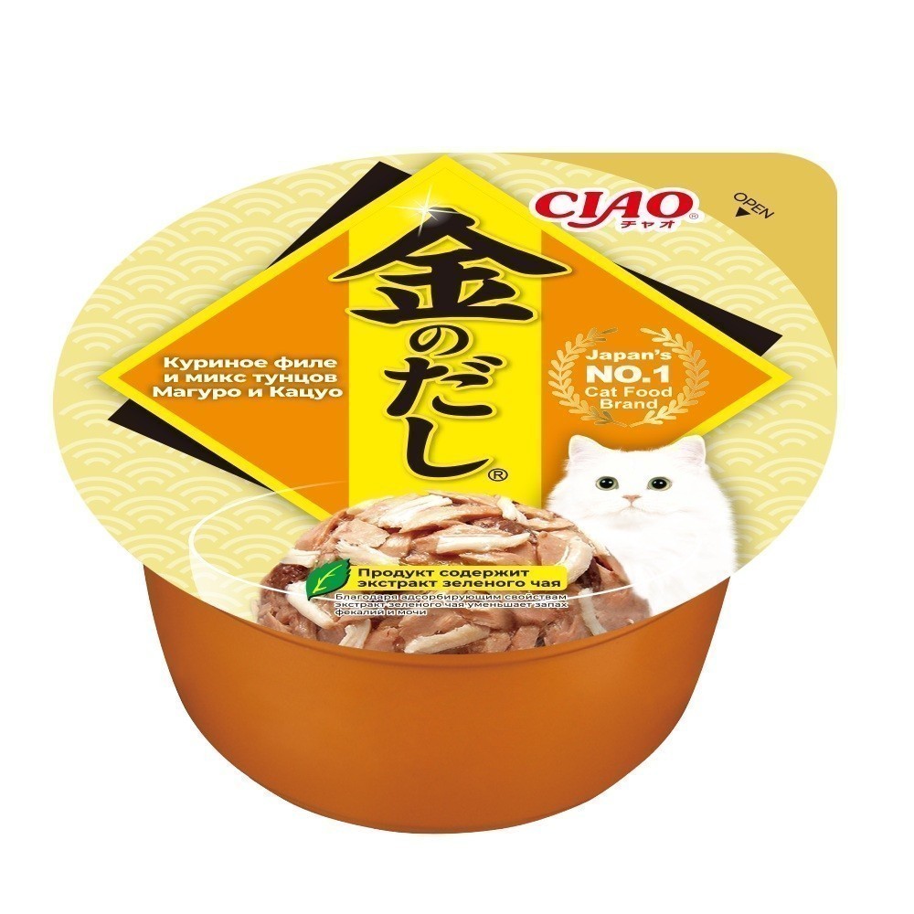 Корм для кошек INABA Ciao Kinnodashi cup Куриное филе и микс тунцов Магуро и Кацуо ламист.