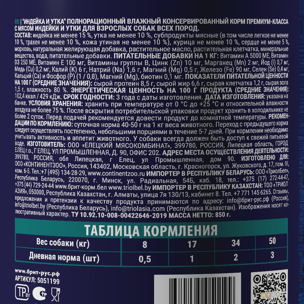 Корм для собак БРИТ Премиум индейка с уткой банка