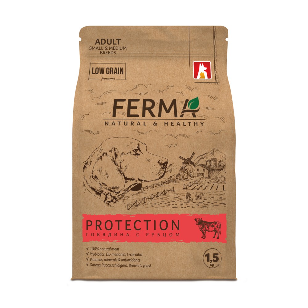 Корм для собак ЗООГУРМАН Ferma Protection для мелких и средних пород, говядина с рубцом сух.