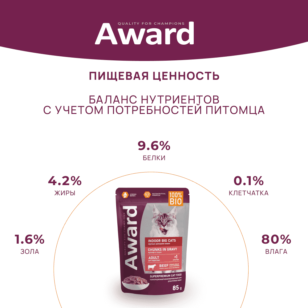 Корм для кошек AWARD Indoor big cats для домашних крупн.пород, кусочки в соусе с говядиной пауч
