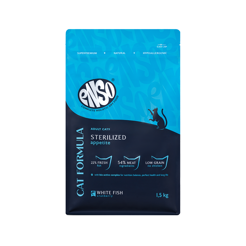 Корм для кошек ENSO formula Sterilized для стерилиз., со свежей белой рыбой и клюквой сух.