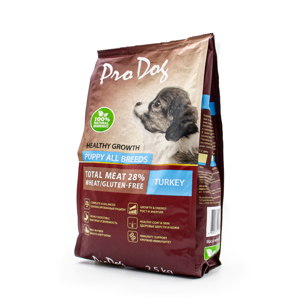 Корм для щенков PRO DOG для здорового роста и энергии, индейка сух.