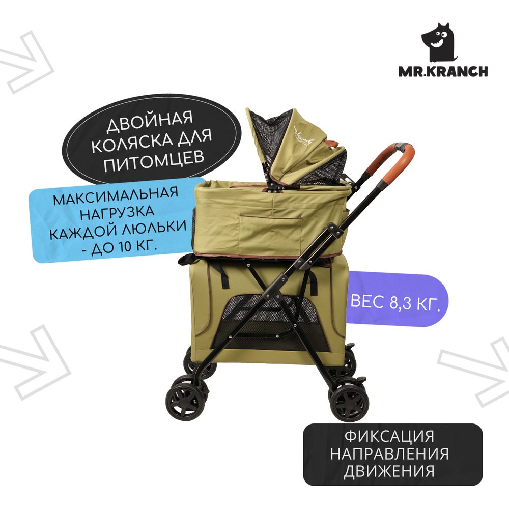 Коляска для собак и кошек MR.KRANCH прогулочная двойная (макс. нагрузка 10кг+10кг), оливковая