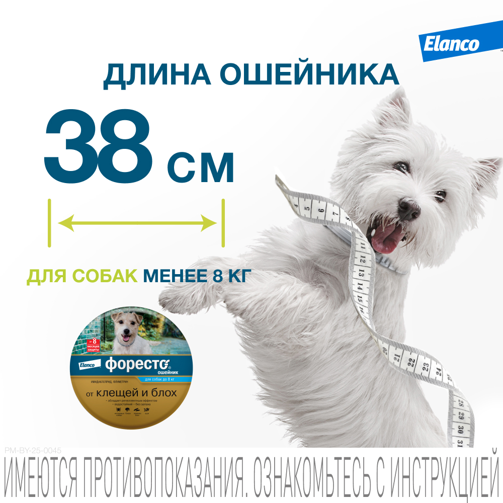 Ошейник для собак ELANCO Форесто до 8кг от клещей, блох и вшей, защита 8 месяцев 38см