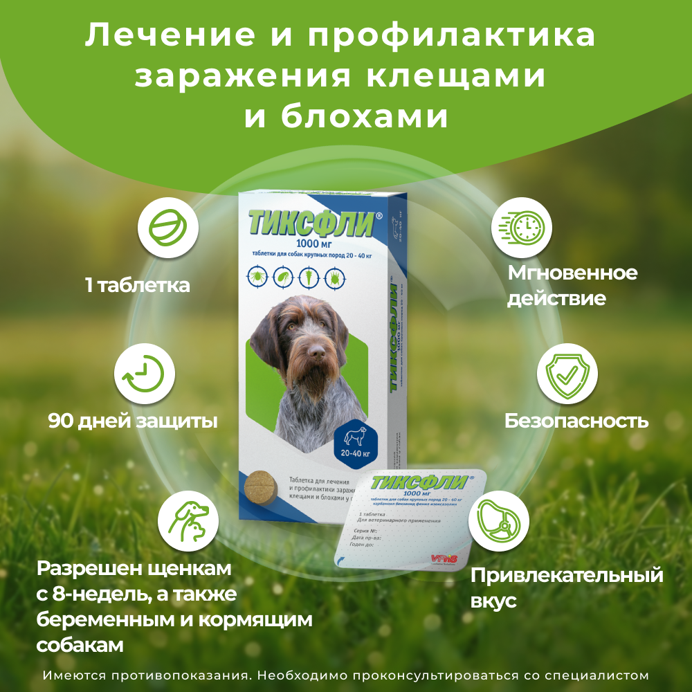 Таблетки для собак ТИКСФЛИ от блох и клещей (20-40кг) 1000мг, 1таб на 90дн.