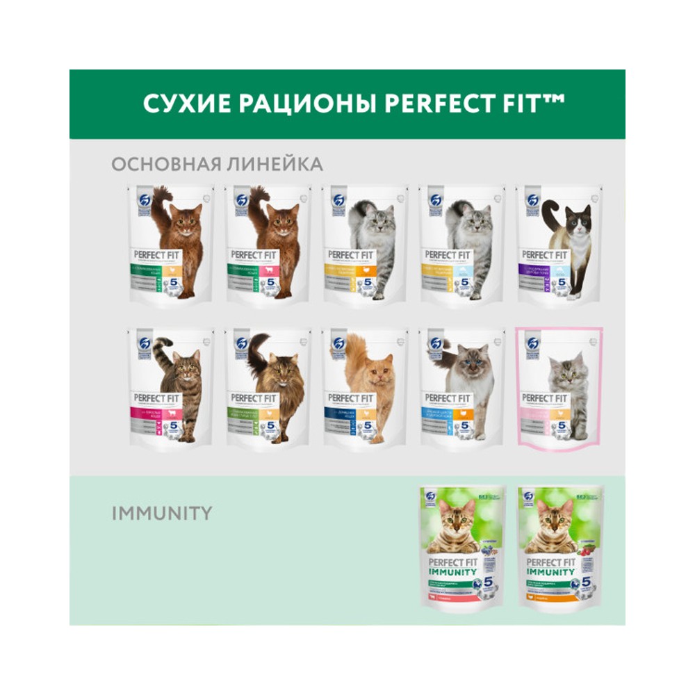 Корм для кошек PERFECT FIT Immunity индейка, спирулина, клюква сух.