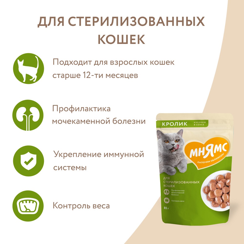 Корм для кошек МНЯМС для стерилизованных, кусочки в соусе с кроликом пауч