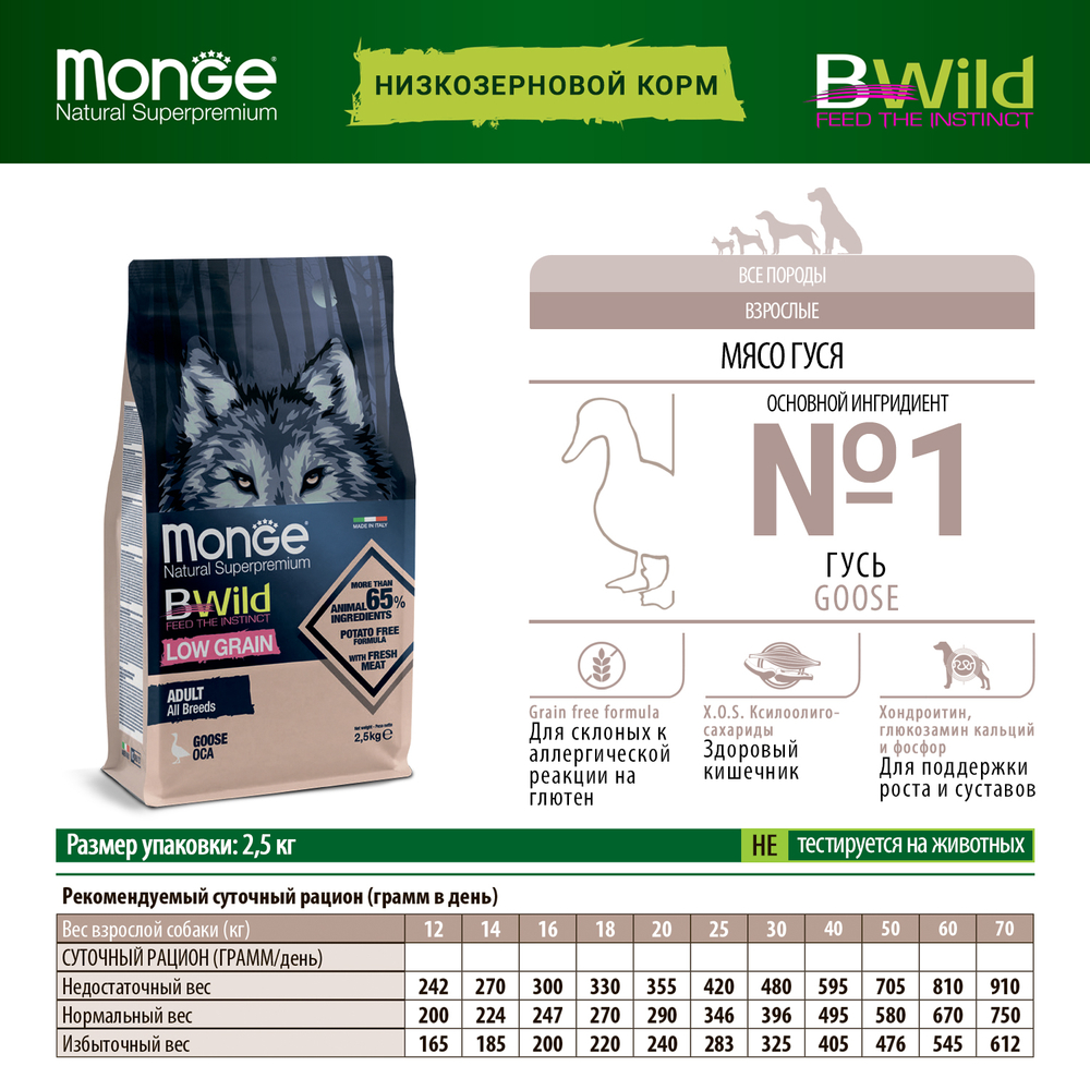 Корм для собак MONGE Dog BWild Low Grain мясо гуся сух.