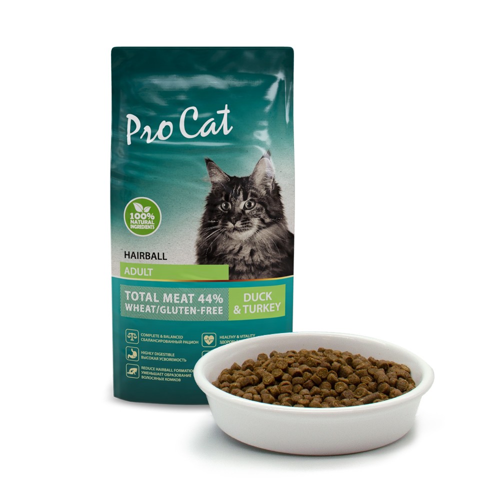 Корм для кошек PRO CAT для вывода шерсти, утка с индейкой сух.
