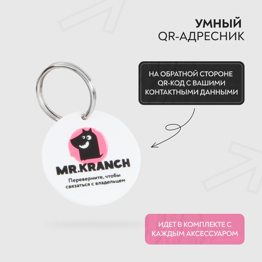 Ошейник-селедка для собак MR.KRANCH из натуральной кожи с QR-адресником, розовый 19-23см