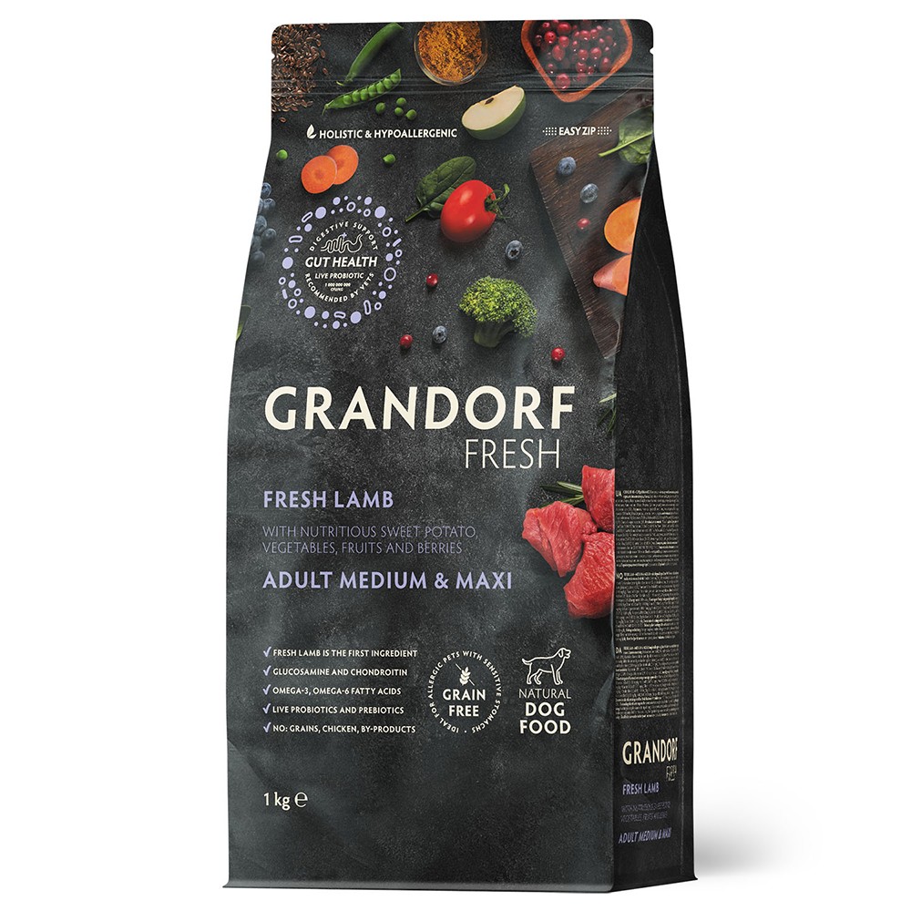 Беззерновой корм с живыми пробиотиками для собак GRANDORF Fresh Dog Med&Maxi для ср.и кр.пород, свежее мясо ягненка с бататом сух.
