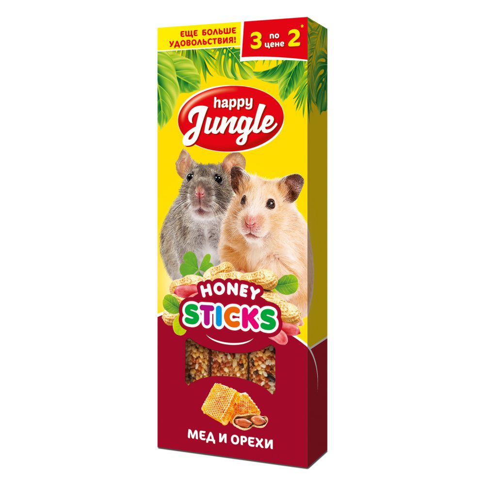 Палочки для мелких грызунов HAPPY JUNGLE мед+орехи 3шт