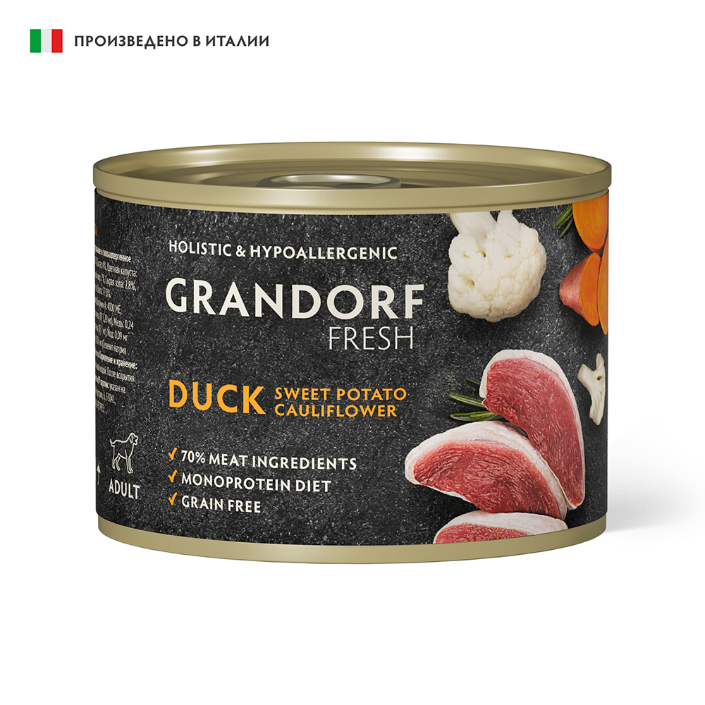 Корм для собак GRANDORF FRESH Паштет из утки с бататом и цветной капустой банка
