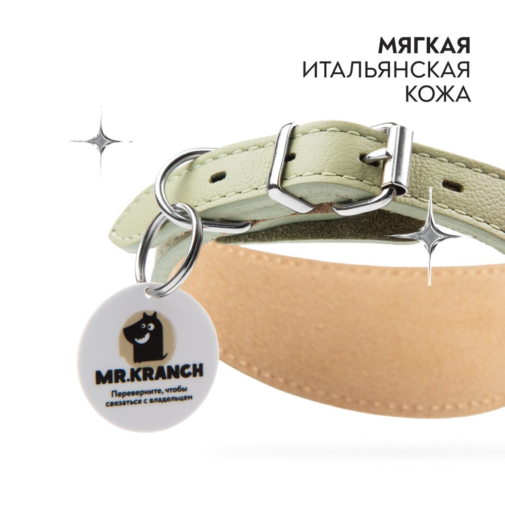 Ошейник-селедка для собак MR.KRANCH из натуральной кожи с QR-адресником, нежно-зеленый 19-23см