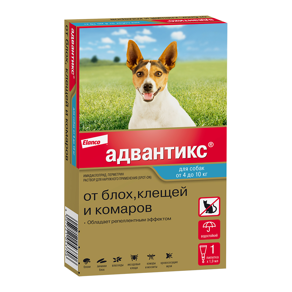 Капли для собак ELANCO Адвантикс от блох, клещей и комаров 100 (4-10кг веса) 1 пипетка в упак.