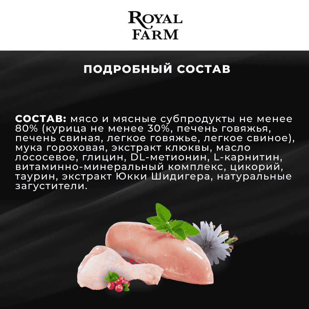 Корм для кошек ROYAL FARM Нежный паштет для стерилизованных с курицей ламист.