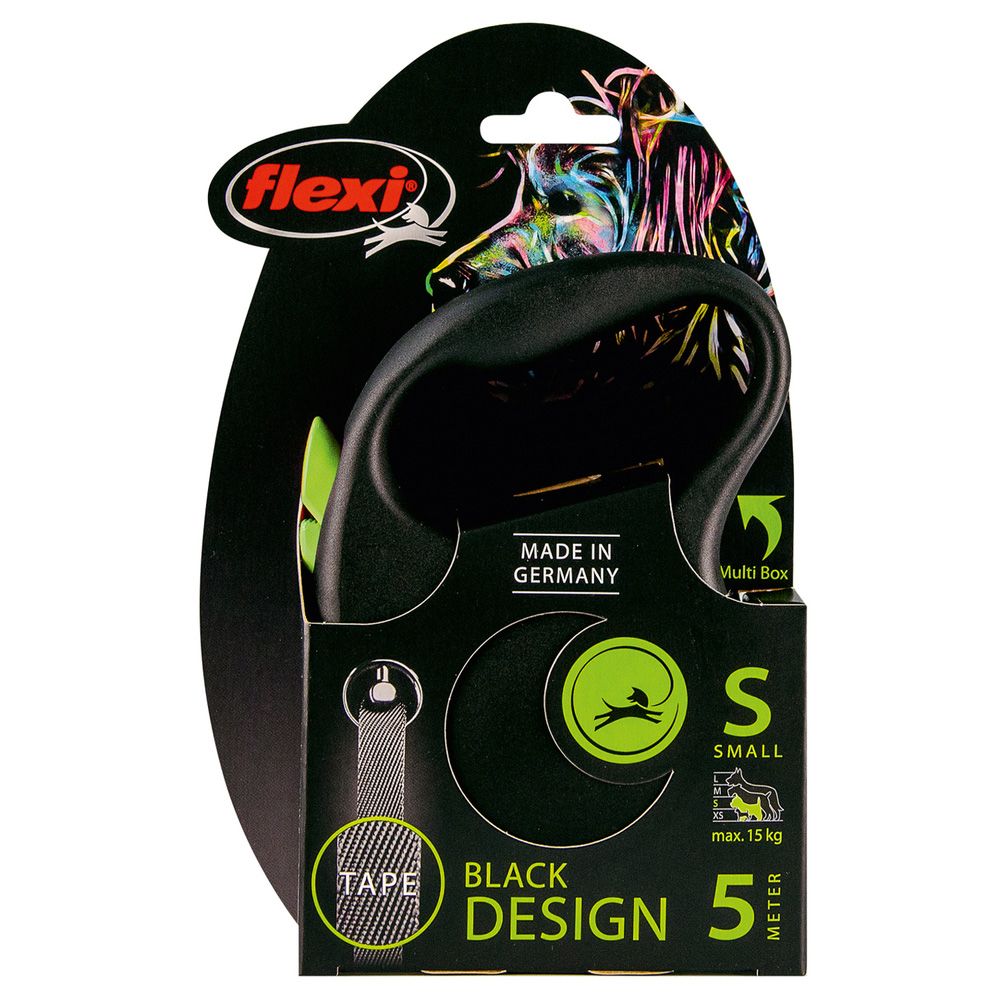 Рулетка для собак FLEXI Black Design S (до 15кг) 5м лента черный/зеленый