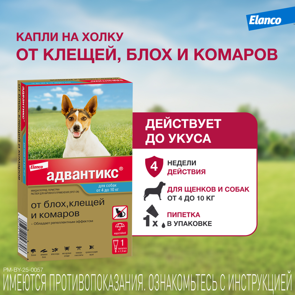 Капли для собак ELANCO Адвантикс от блох, клещей и комаров 100 (4-10кг веса) 1 пипетка в упак.