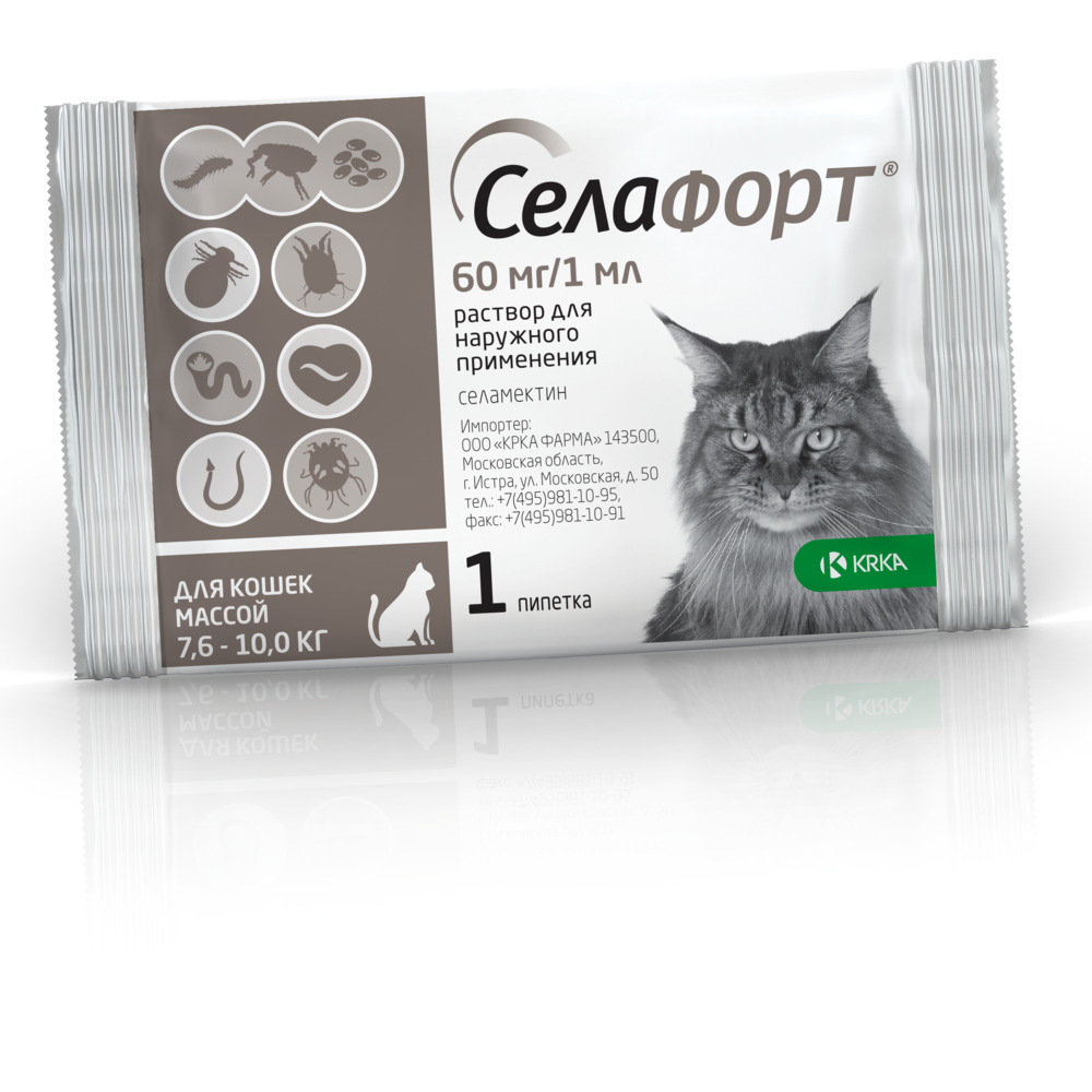 Капли для кошек KRKA Селафорт от ушн и чесоточ.клещей, блох, гельм 7,6-10,0кг, 1мл (60мг), 1 уп.