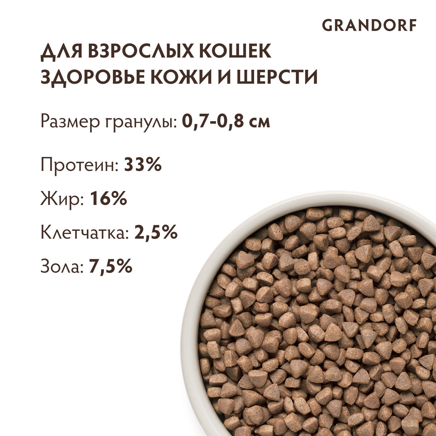 Корм для кошек GRANDORF забота о коже и шерсти, белая рыба с индейкой сух.