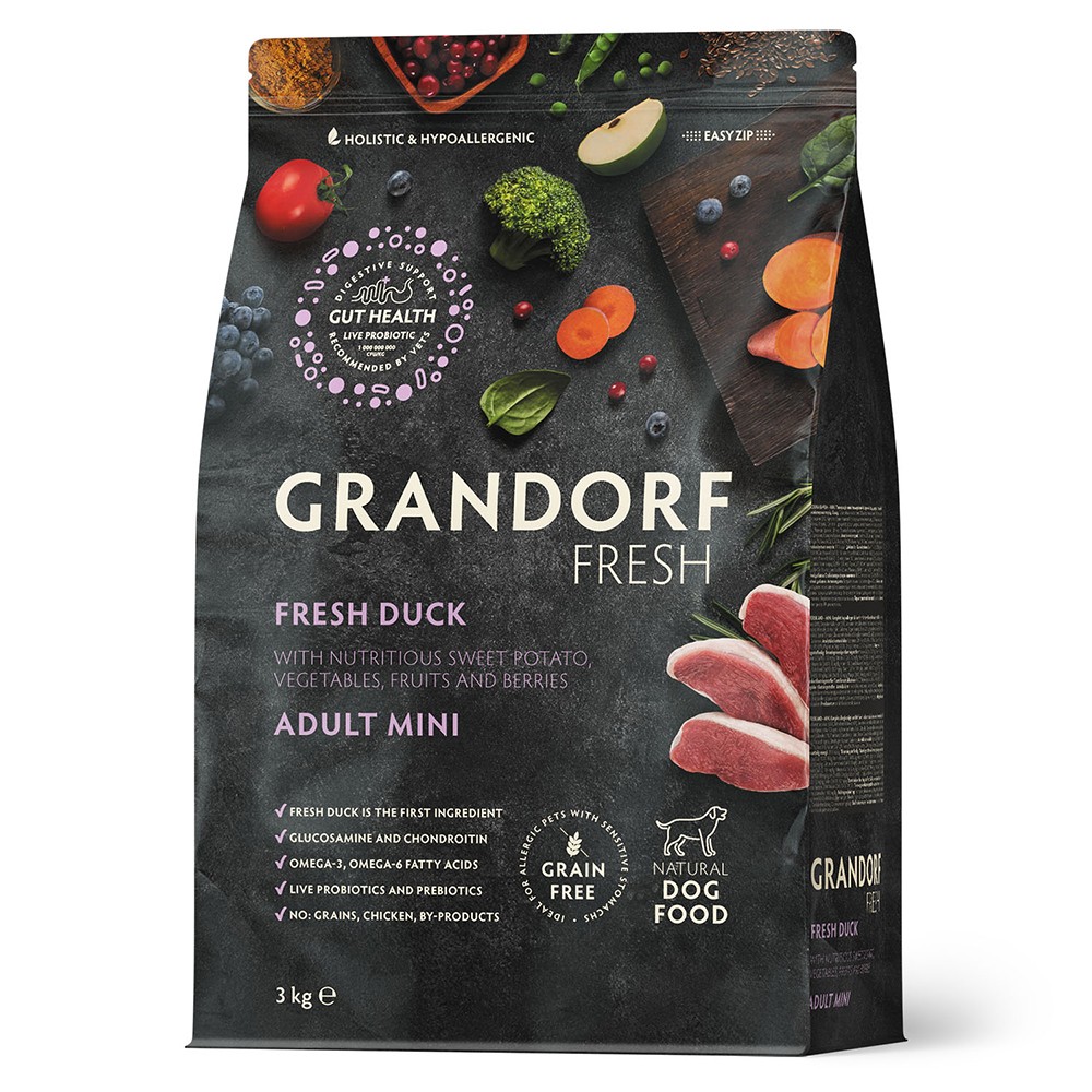 Беззерновой корм с живыми пробиотиками для собак GRANDORF Fresh Dog Mini свежее мясо утки с бататом для мелких пород сух.