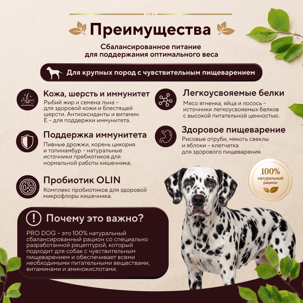 Корм для собак PRO DOG для крупных пород с чувствительным пищеварением, ягненок сух.