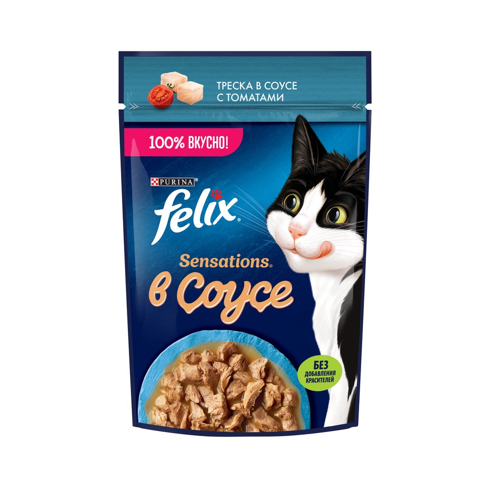 Корм для кошек FELIX Sensations с треской в соусе с томатами пауч